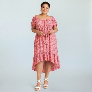 Bar III Floral Midi Dress Puff Sleeve Tie Waist Ruffle Hem XL NWT